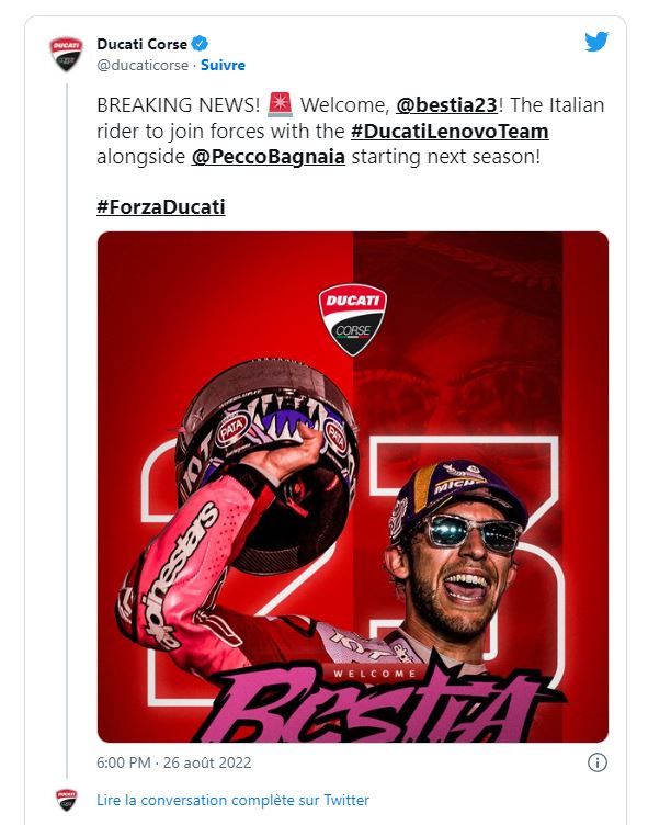 MotoGp : Ducati choisit Bastianini